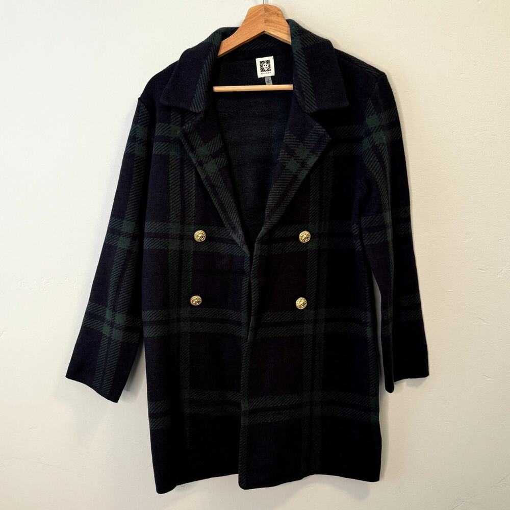 Anne Klein Green and Black Tartan Plaid Sweater Jacket